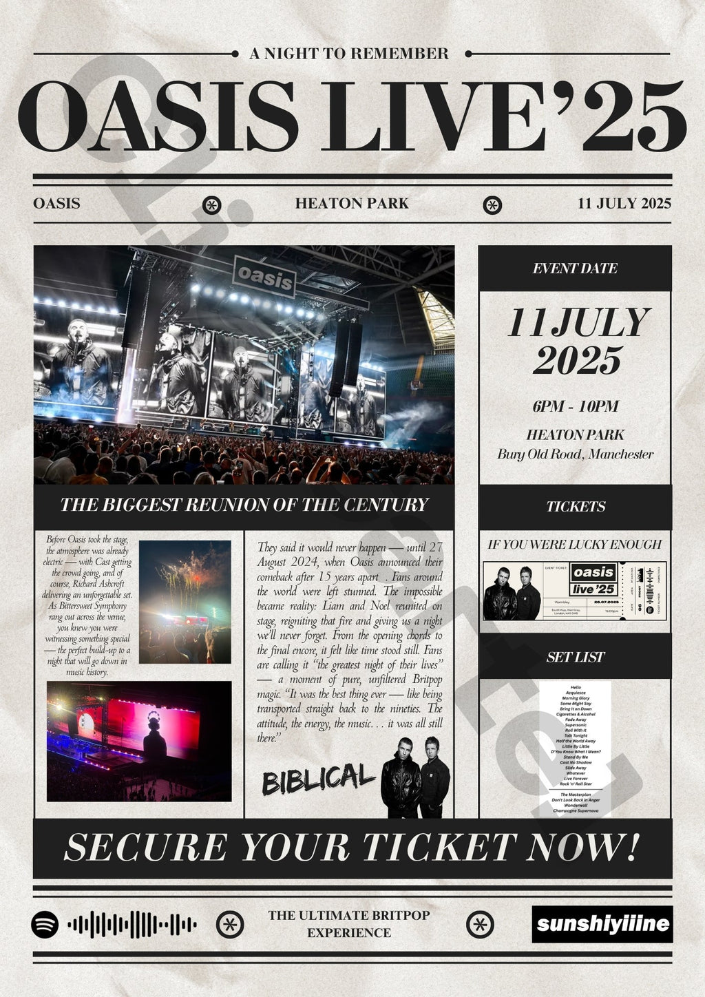 Oasis Live'25 Personalised Newspaper Poster - Oasis Inspired Print