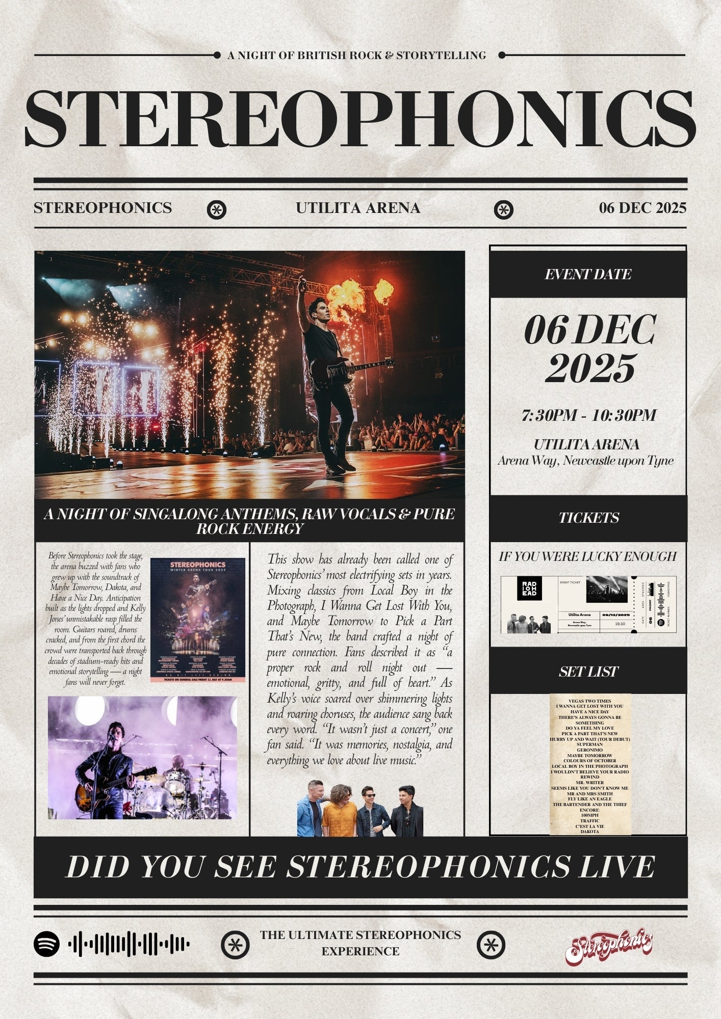 Stereophonics - Personalised Newspaper Style Concert Poster
